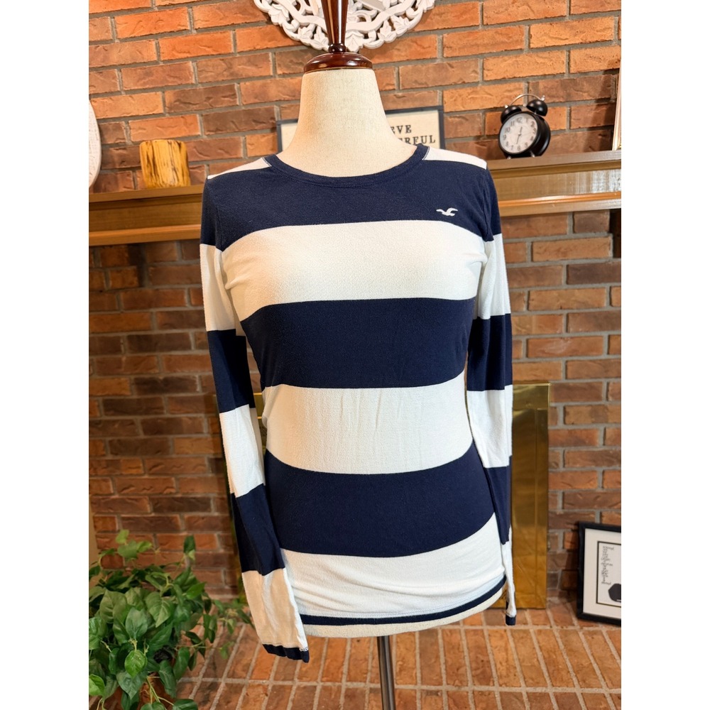 Y2K Hollister Striped Top Women Navy Blue White Long Sleeve Crew Neck Vintage M